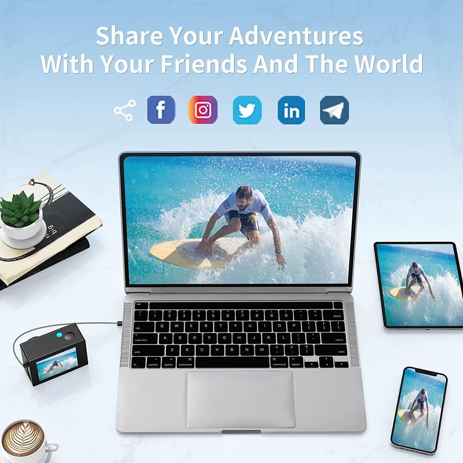 4K waterproof action camera connected to laptop displaying surfing video with smartphone and tablet
