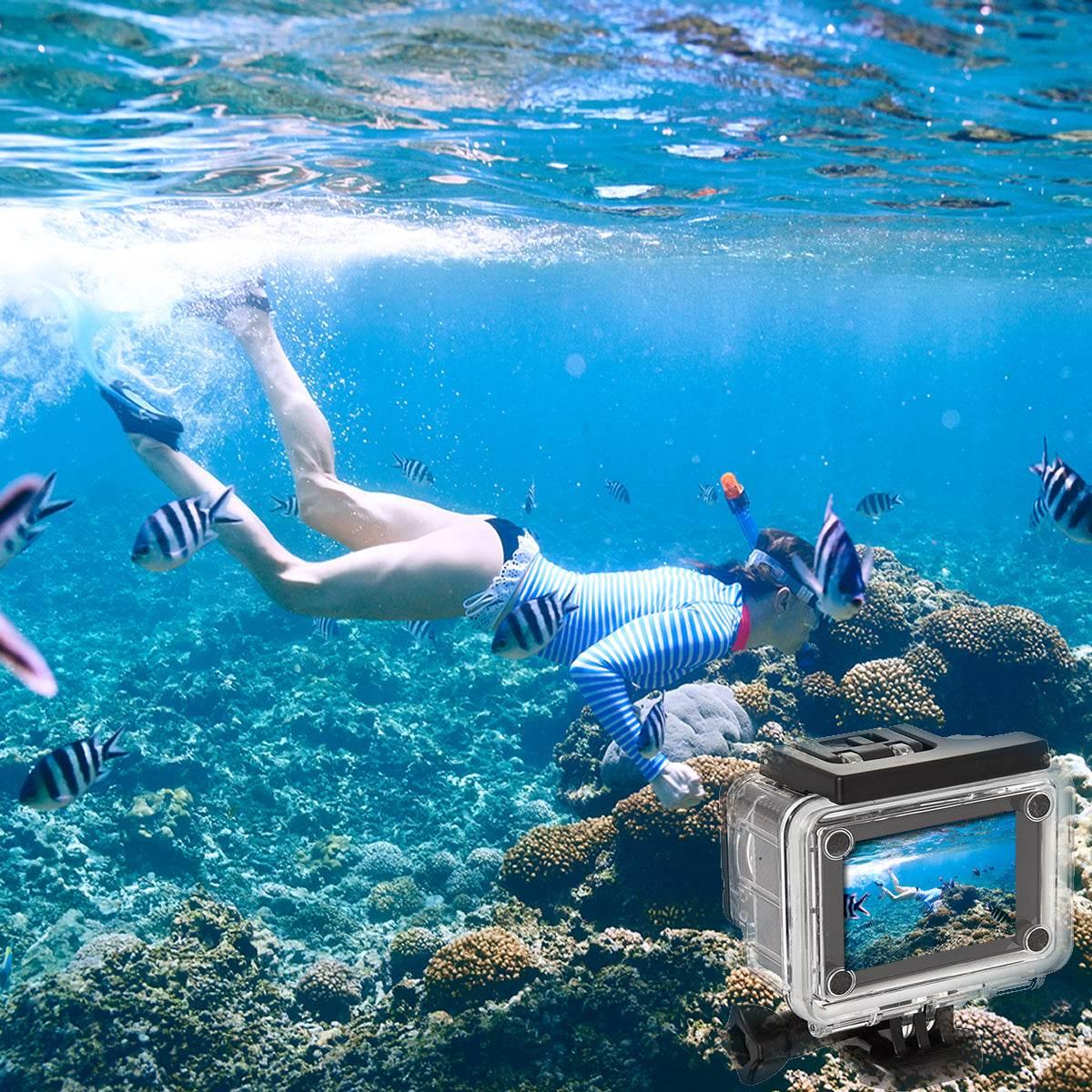 4K waterproof action camera capturing underwater snorkeling scene with coral and fish