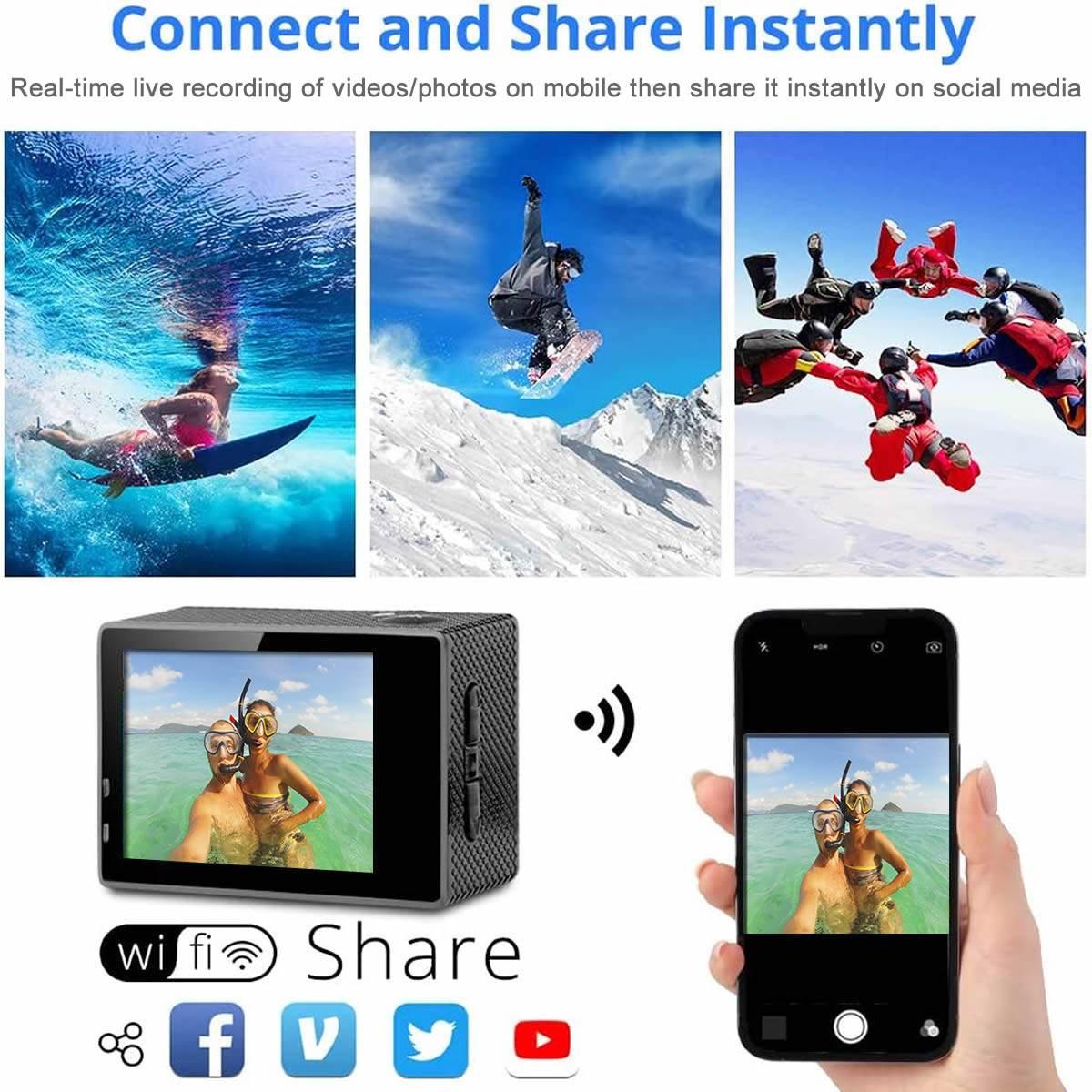 4K waterproof action camera showing underwater and snow sports with WiFi sharing to mobile devices