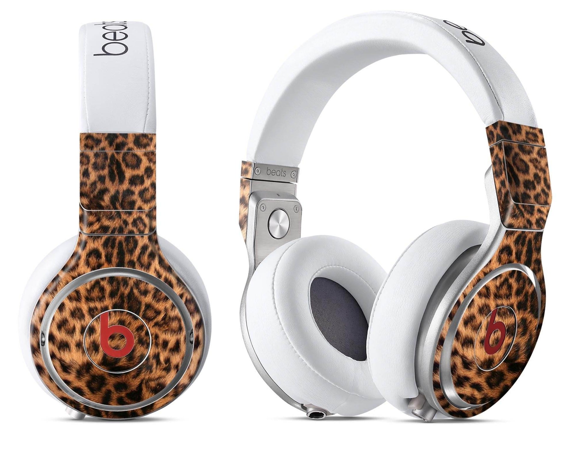 Blue Leto custom Beats headphone wrap kit with leopard print design on white headphones