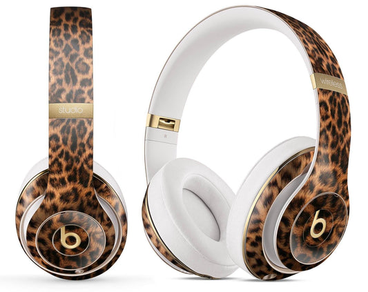 Leopard print custom Beats headphone wrap kit on white Beats Studio wireless headphones
