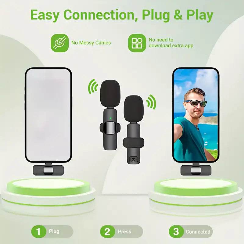 Green Mulberry best lapel microphone for YouTube showing easy plug and play connection with no cables