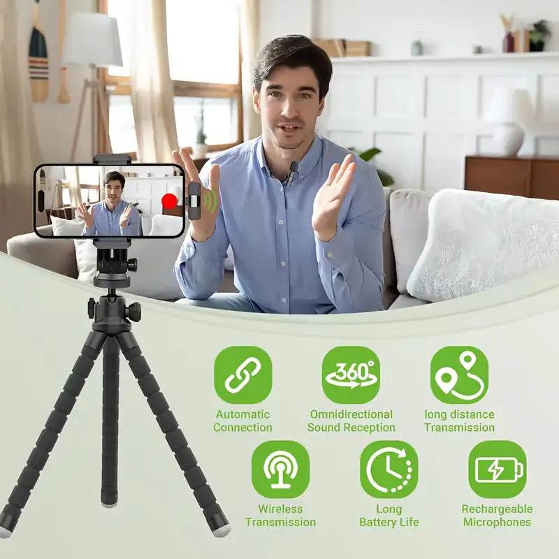Green Mulberry best lapel microphone for YouTube with wireless transmission and long battery life shown on a man recording a video