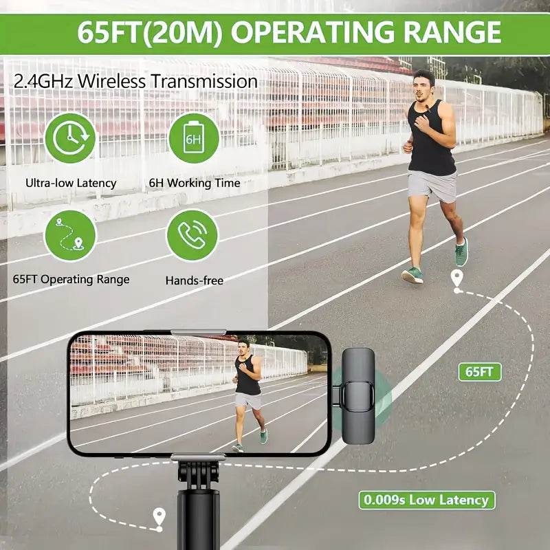 Green Mulberry wireless lapel microphone showing 65ft range and low latency for best lapel microphone for YouTube