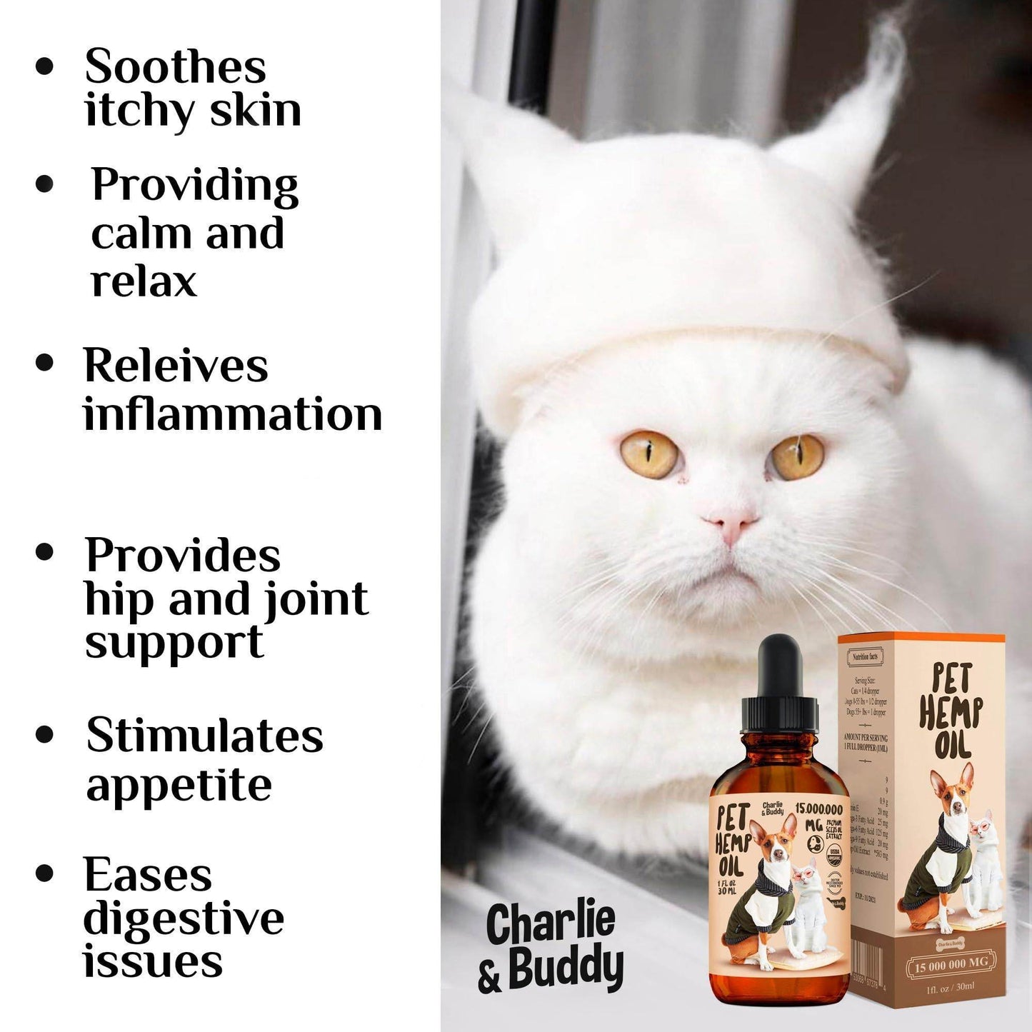 Periwinkle Eros pet hip and joint support supplement with pet benefits and white cat wearing hat