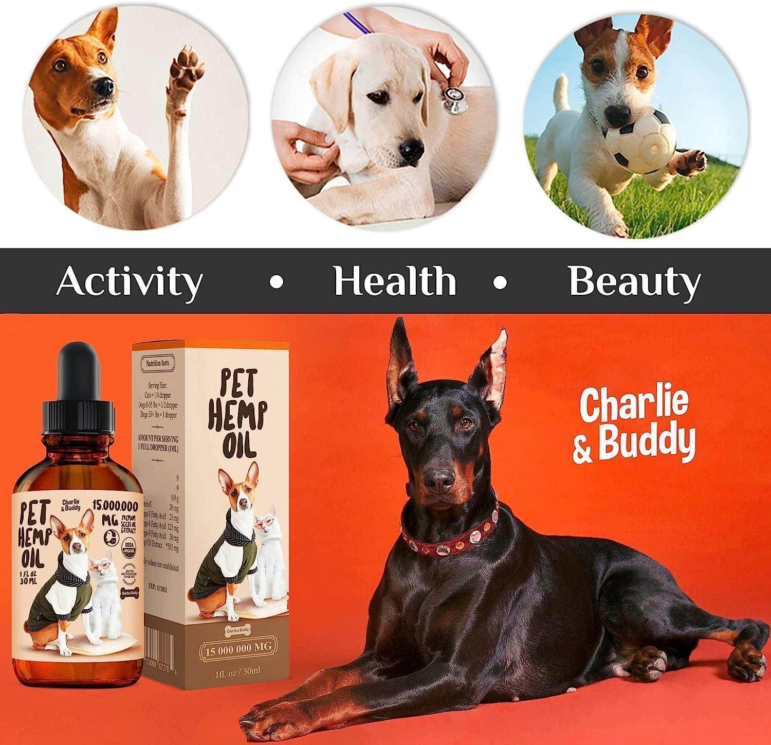 Periwinkle Eros pet hip and joint support supplement with pet hemp oil bottle and dogs for activity health beauty