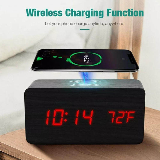 Wooden Digital Alarm Clock with Wireless Phone Charging Pad - CheepSweepz