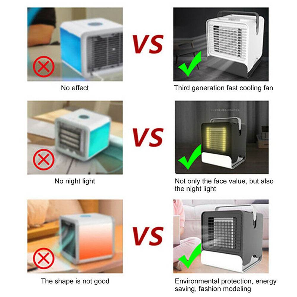 Teal Simba desktop personal air cooler comparison showing advanced cooling, night light, and eco-friendly design