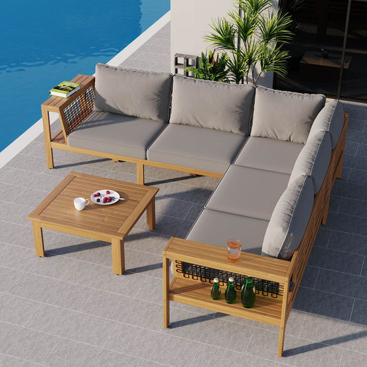 Sangria Beech luxury outdoor seating for backyard with gray cushions and wooden frame by a pool