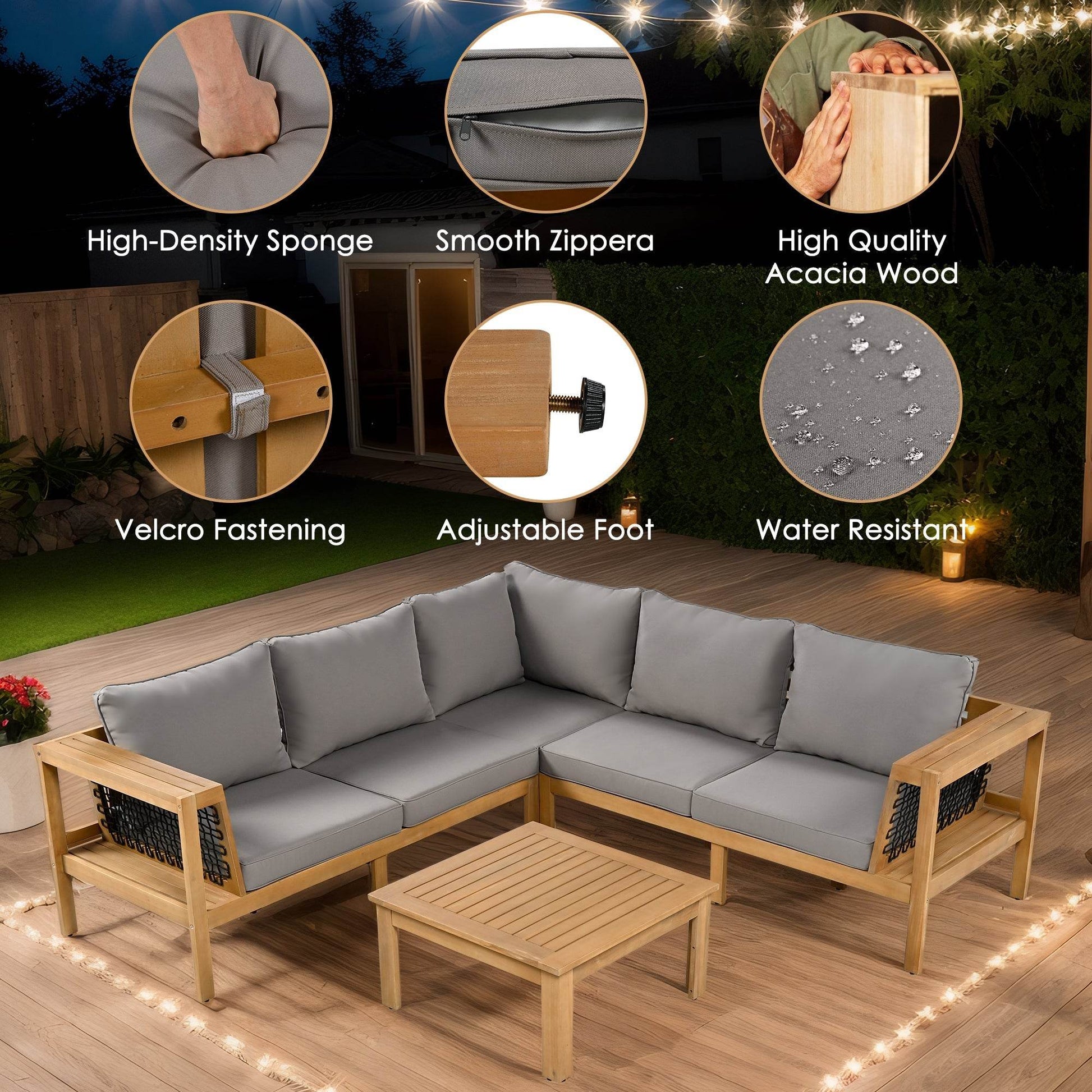 Luxury outdoor seating for backyard featuring Sangria Beech acacia wood sectional sofa with gray cushions and matching table