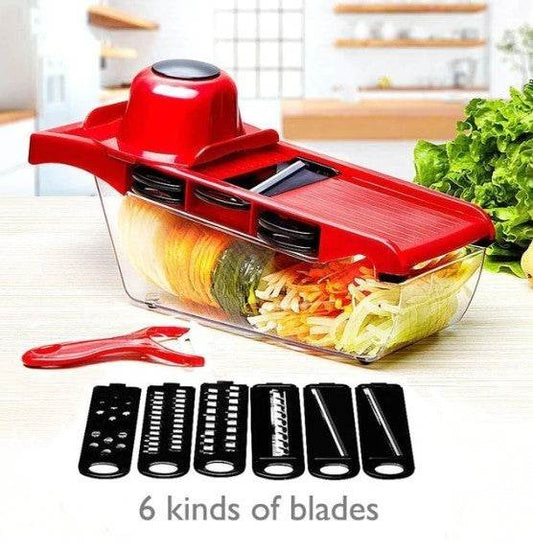 Yellow Pandora stainless steel vegetable slicer with six interchangeable blades and red hand guard for kitchen use