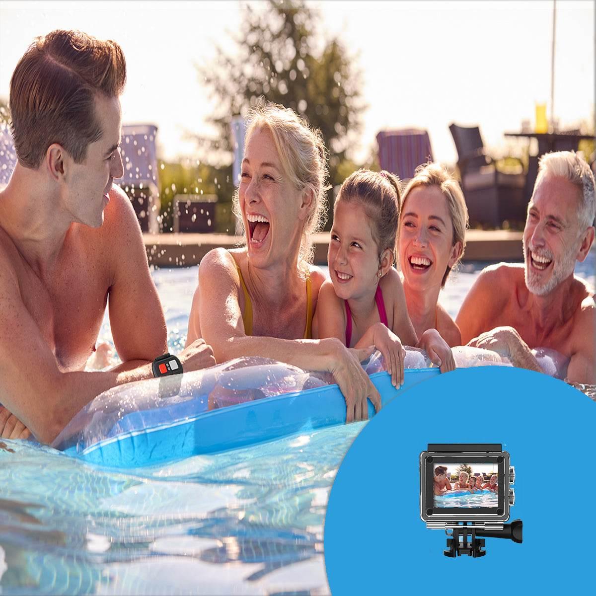 4K waterproof action camera capturing family fun in the pool with clear water and bright sunlight