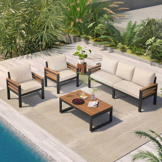 Sangria Beech luxury backyard seating set with beige cushions and wooden accents around poolside