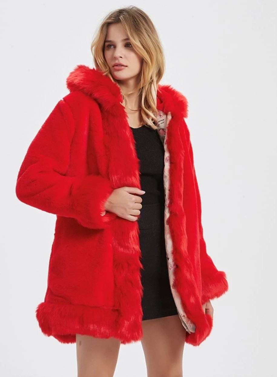 Womens Hooded Faux Fur Collar Coat - CheepSweepz