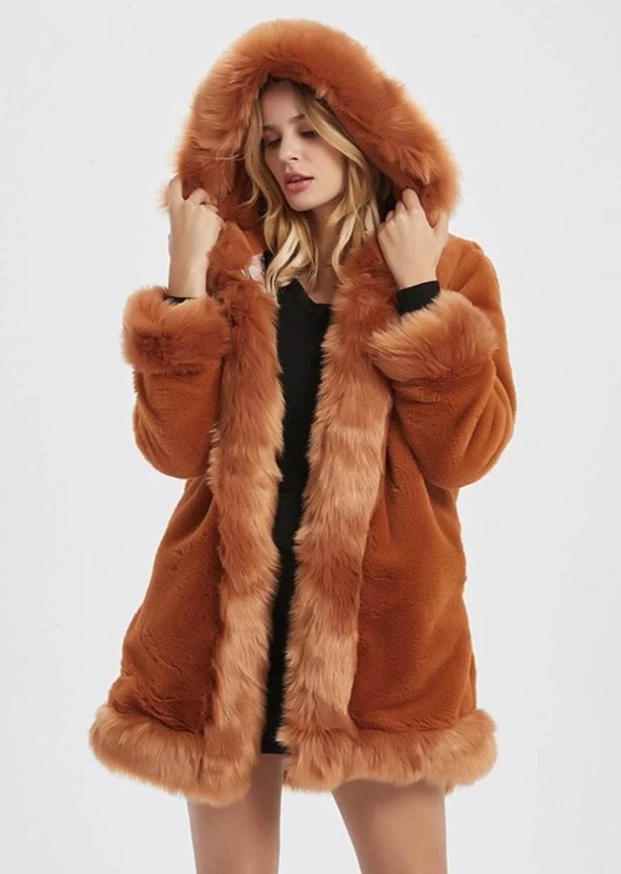 Womens Hooded Faux Fur Collar Coat - CheepSweepz