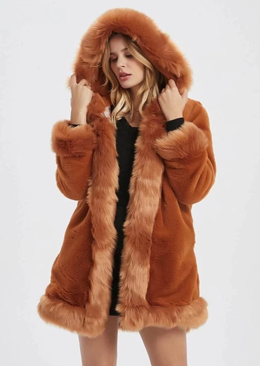 Womens Hooded Faux Fur Collar Coat - CheepSweepz