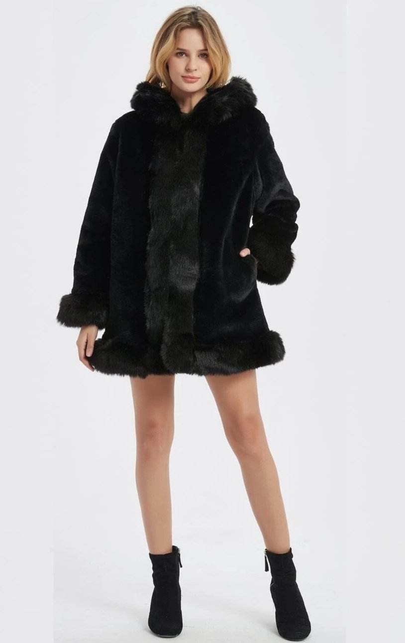 Womens Hooded Faux Fur Collar Coat - CheepSweepz